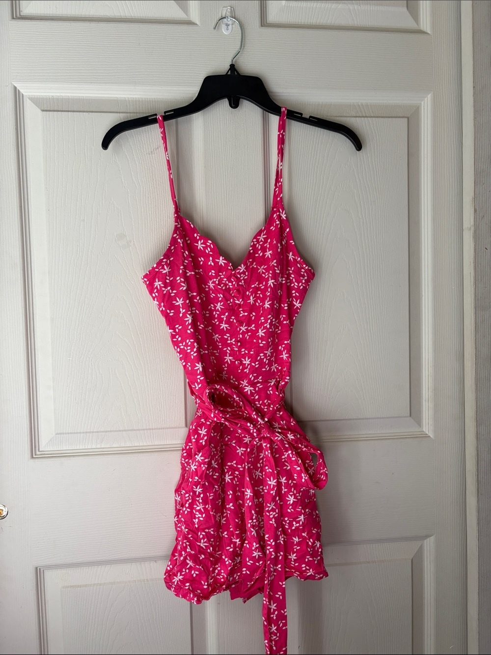 Hot Pink Floral Print One-Piece Romper with Tie